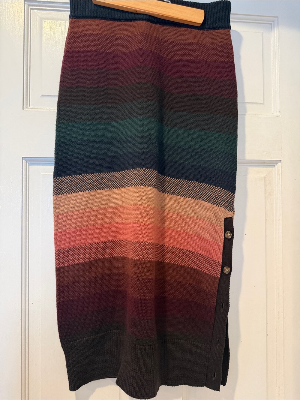 PAIGE Striped Knit Midi Skirt in Navy, Green, Peach & Burgundy
